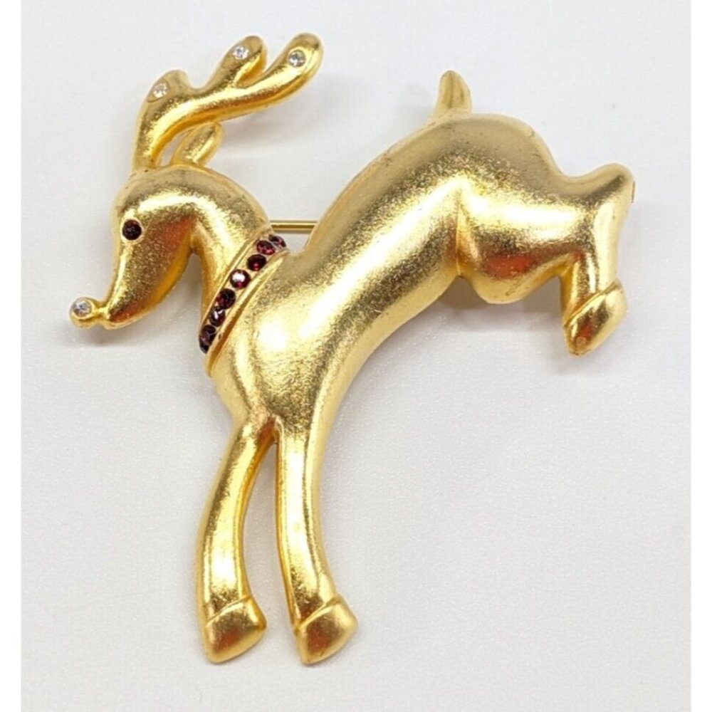 Vintage FLP Matte Gold Tone Glass Rhinestone Reindeer Christmas Brooch Pin